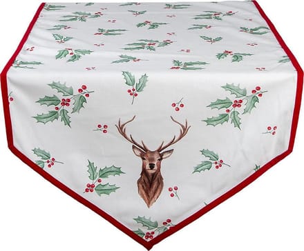 Clayre & Eef Tafelloper Kerst 50x160 cm Wit Rood Katoen Hert Hulstbladeren Tafelkleed