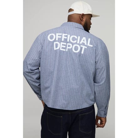Plus Oversized Boxy Official Depot Print Micro Geruite Shirt | Blue | Size 2XL