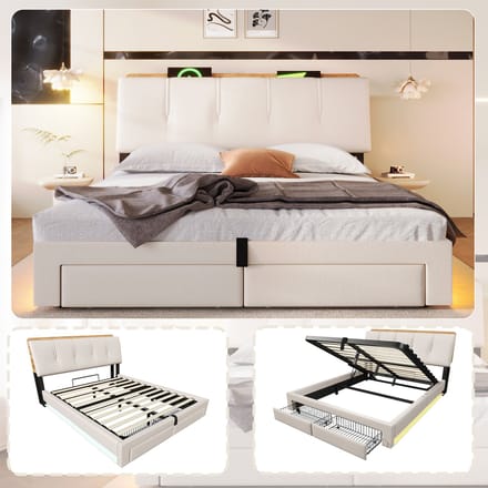 MIVRAY Gestoffeerd Bed 140x200 cm - Met USB C, LED En Opbergruimte - Zonder Matras - Linnen - Beige