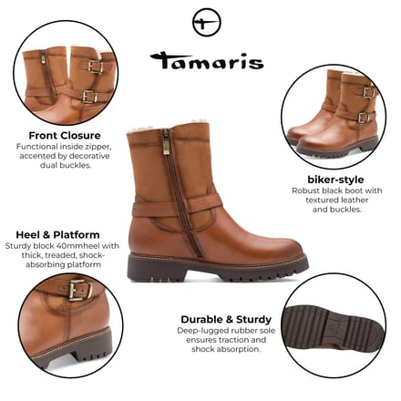 Tamaris Dames Winter Cognac Bruine Leren Gesp Rits Biker Enkellaarsjes