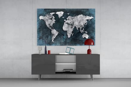Glasschilderij - Wereldkaart - Blauw - Grijs - 72x46 cm