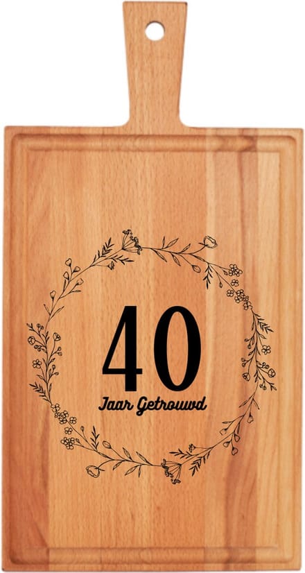 JM Woods - 40 JAAR GETROUWD - Borrelplank met handvat 38 x 20 cm - Serveerplank - Hapjesplank - Kaasplank - Cadeau tip!