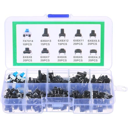Kit d'assortiment de boutons-poussoirs Tactiles, 180 pièces, Micro-interrupteur momentané, 10 valeurs 6x6mm, 4 broches noir