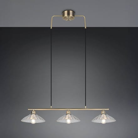 Reality Leuchten Hanglamp Eluna, helder/oud messing, 100 cm glas/metaal 3-lamps.