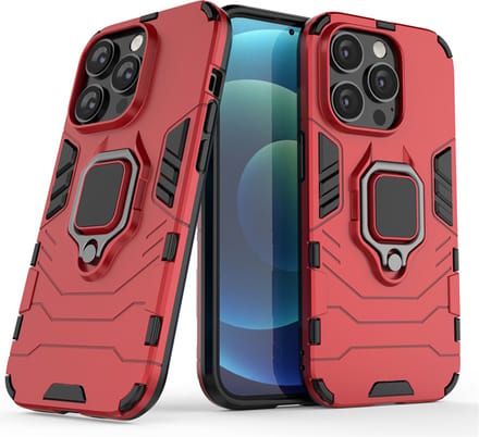 MobyDefend Hoesje - Geschikt voor iPhone 14 Pro - Dubbelgelaagde Pantsercase Met Standaard - Rood