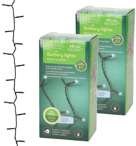 Lumineo kerstverlichting - 2x stuks - batterij - 48 led lampjes - helder wit - 400 cm