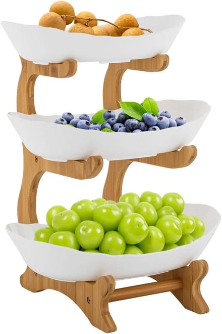Fruitmand Drie Lagen - Fruit etagère - Feestelijk Presenteren - Stabiel Bamboe Frame - 28 x 32 cm - Wit Houtkleur