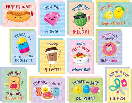 Set van 24 grappige bedankkaartjes voor brunch en waardering