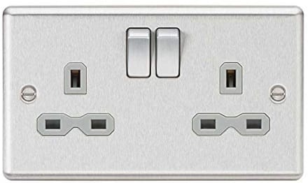 Afgeronde rand 13A 2G DP socket met grijze inzetstuk - Zilver