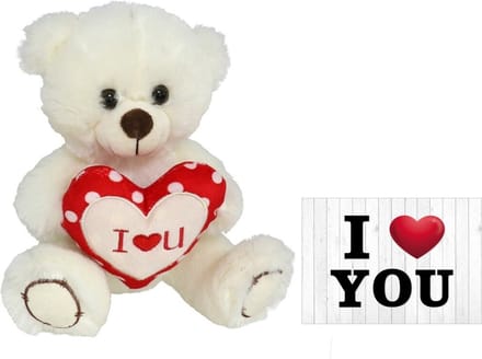 Pluche knuffelbeer met I Love hartje - wit/rood - 30 cm - inc. wenskaart