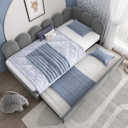 Slaapbank Met Uitschuifbed 90x200 - Kinderbed Grijs - Fluwelen Daybed
