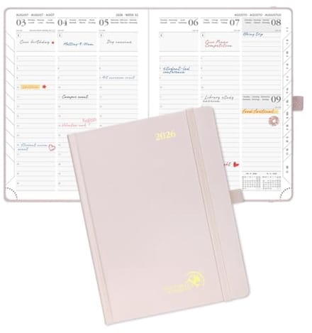 Wekelijkse Agenda 2026 - 22 x 16,5 cm - Harde Kaft Schoolkalender - FSC® Gecertificeerd - Lichtroze