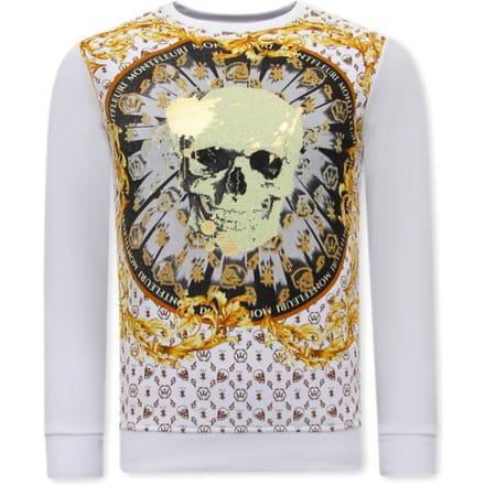 Heren Sweater met Print - Skull Strass - 3796 - Wit