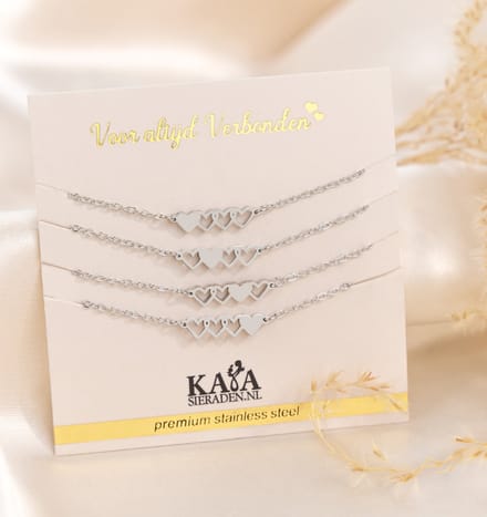 Zussen armbanden set vier hartjes | Stainless Steel Zilver