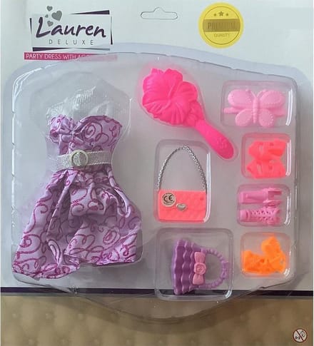 Tienerpop Kleding Outfit Jurk + Accessoires Paars - Handtas - Schoenen - Hakken