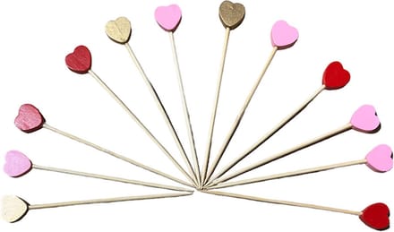 Set van 12 bamboe prikkers met hartje, 12 cm lang.
