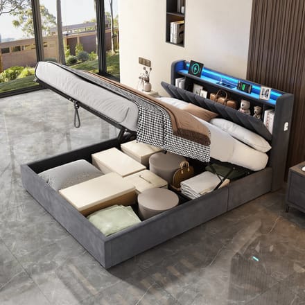 REDOM Bedframe 140x200 cm – Met LED, USB/Type-C, opbergruimte in hoofdbord en hydraulische opberging – Donkergrijs