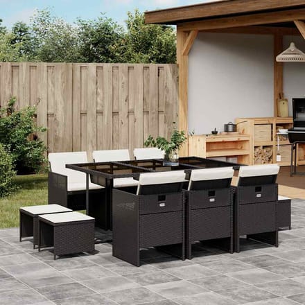 vidaXL - 11-delige - Tuinset - met - kussens - poly - rattan - zwart