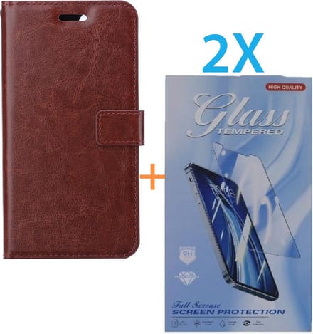 Bookcase Geschikt voor: Apple iPhone 16 Pro Max - Bruin - portemonnee hoesje - + 2X Tempered Glass Screenprotector