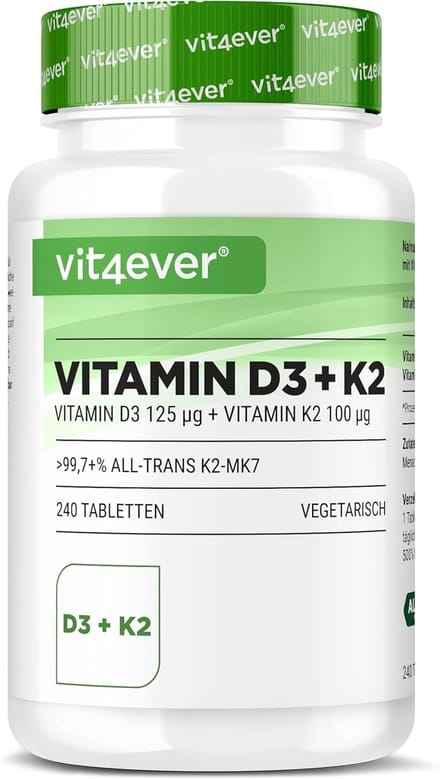 Vit4ever - Vitamine D3 + K2 - Voedingssupplement - D3 5.000 I.E. per tablet - K2 100 mcg - 240 Tabletten