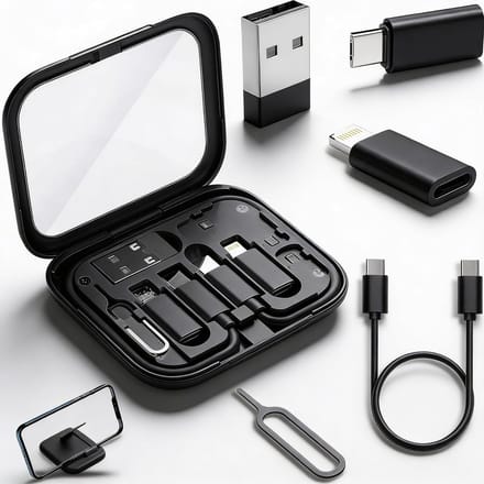 Oneay USB C naar USB A Adapter USB-C Reisadapterset voor iPhone, Pixel & Galaxy: USB-A naar C, Micro-USB naar C, Type-C naar Lightning, Korte USB-C-kabel, OTG, Spiegelhoesje - Zwart