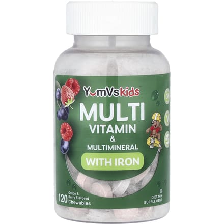 YumVs, Kids™ Multivitamines et Multiminéraux avec Fer, Raisin et Baie, 120 Comprimés à Croquer