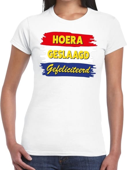 Hoera geslaagd gefeliciteerd t-shirt wit dames - feest shirts dames - geslaagd kleding XL