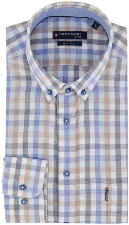 Blauw beige geruit katoenen Giordano Regular Fit overhemd