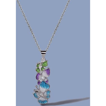 Collier Créatif avec Pendentif Laqué Deux Papillons, Feuille Émaillée Longue et Fleur gray