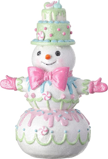 Viv! Christmas Kerstbeeld - Sneeuwpop met Vlinderdas en Snoep - pastel - roze - 45cm