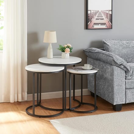 Bijzettafel set van 3 met metalen frame - rond zwart en marmer wit