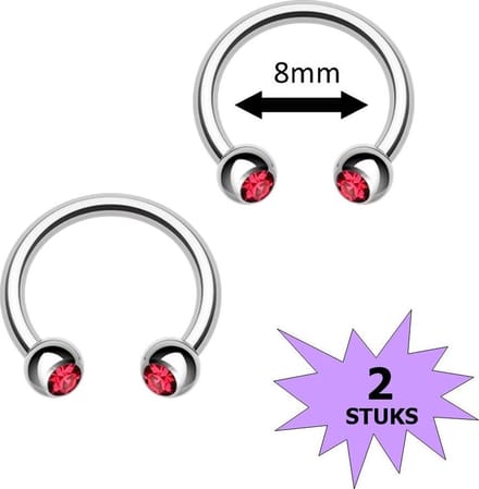 Fako Bijoux® - Circular Barbell Piercing - Hoefijzer Kristal Duo - 8mm - Rood - 2 Stuks