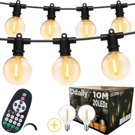 Odaily Lichtsnoer - 10 Meter - 20 LED Lampen G40 - Warm Wit Licht - Dimbaar - IP65 - Horeca Kwaliteit