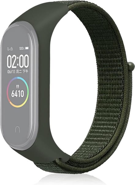 By Qubix - Nylon Geweven Bandje Geschikt voor Xiaomi Mi Band 3 / 4 / 5 / 6 / 7 - Legergroen
