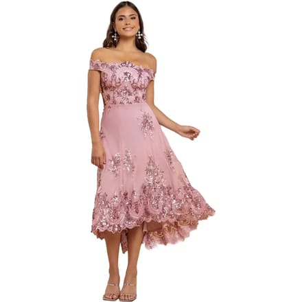 Damesjurk Goddiva Bardot Sequin & Lace High