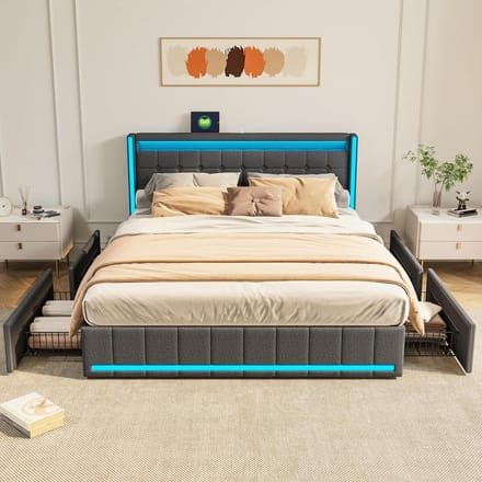 Tweepersoonsbed met Opbergruimte en LED-Verlichting, Gestoffeerd, Wit