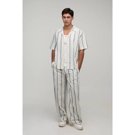 Lichtgewicht Geweven Gazen Gestreept Oversized Shirt & Baggy Broek Set | Navy | Size Medium