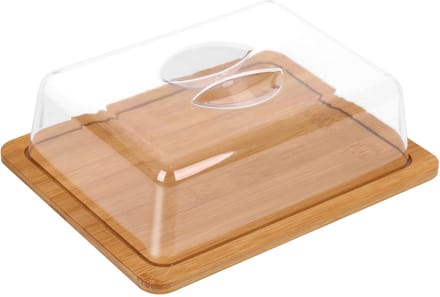Cheffinger, Glazen Taartstolp met Bamboe Dienblad Ultra Elegant, Lichtbruin