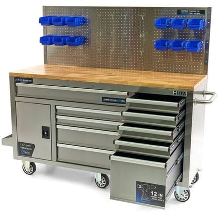 HBM werkbank 158 cm met 10 laden, deur en achterwand, RVS