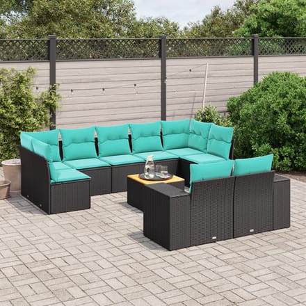 vidaXL - 10-delige - tuinbankset - met - kussens - van - zwart - polyrotan