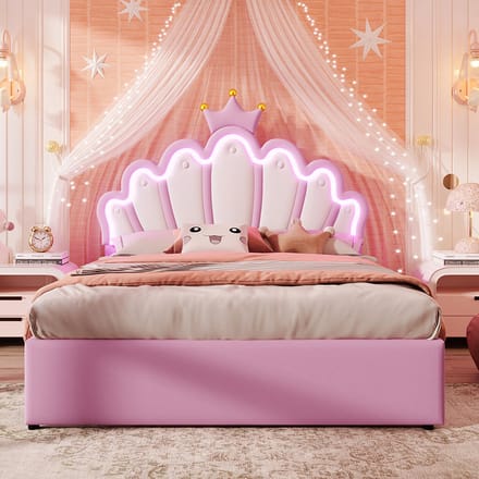 Pugsdrly Kinderbed 140x200 cm met 2 Opbergladen Afstandsbedienbare Sfeerverlichting Prinsessenbed in Kroonvorm Verstelbaar Hoofdeinde PU