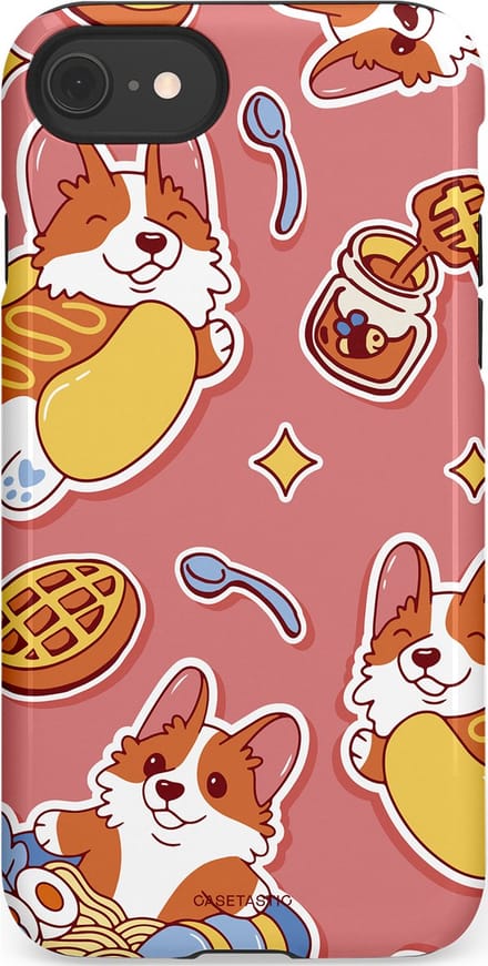 Casetastic hoesje geschikt voor Apple iPhone SE / Apple iPhone 7 / Apple iPhone 8 - Dubbellaagse bescherming - Corgi snacks - Fashion Case - Koraal Terracotta Lichtgrijs Goud