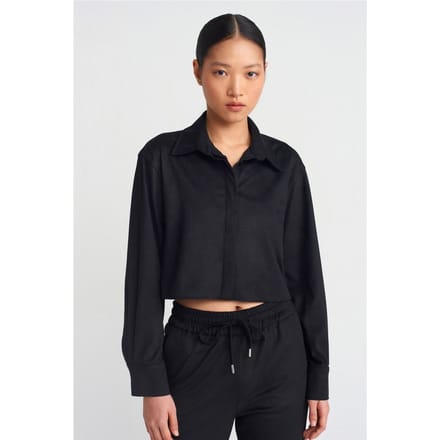 Dames Geplooide Faux Suede Knop Shirt