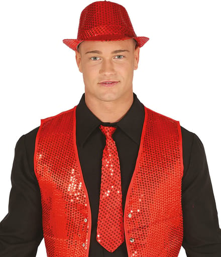 Fiestas Guirca Carnaval verkleed stropdas en hoed - rood - pailletten - volwassenen