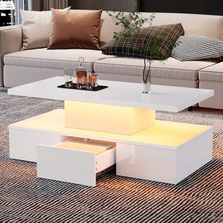 PHOEBE CAT Salontafel - LED-verlichting - Hoogglans - Open displayplanken - Met lades - Wit