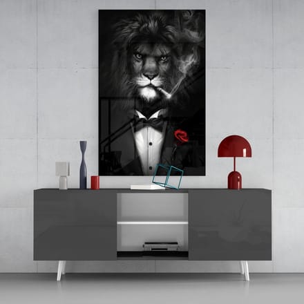 Glasschilderij - Dieren - Meneer de Leeuw - 72x46 cm - 4 mm