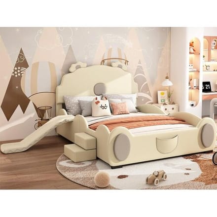 ModernLuxe Kunstleren kinderbed 140x200 cm - met glijbaan en ladder - Beige