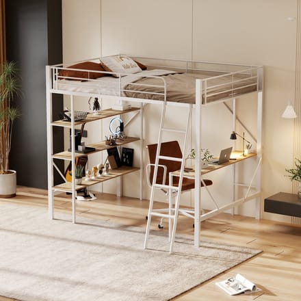 90x200 cm Hoogslaper met bureau en drie planken - wit - zonder matras