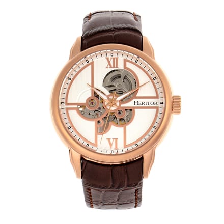 Heritor Automatic Sanford Semi-Skelet leren band horloge - Roségoud/bruin