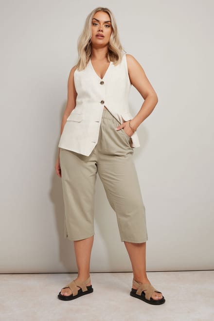 Yours Cropped Broek Van Katoen Met Elastische Taille In Beige Size 48